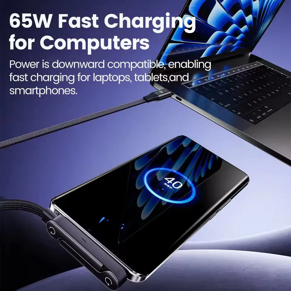 65W USB-C Fast Charging Cable with Foldable Phone Holder 2-in-1 USB-C Charging Cable P3