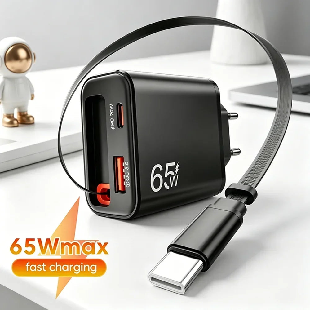 65W USB PD & QC 3.0 Wall Charger with Retractable Type-C Cable USB Wall Charger P3