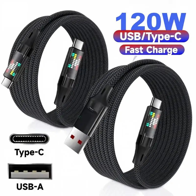 120W USB-A to USB-C Fast Charge Cable 6A LED – Nylon Braided USB Charging Cable P3