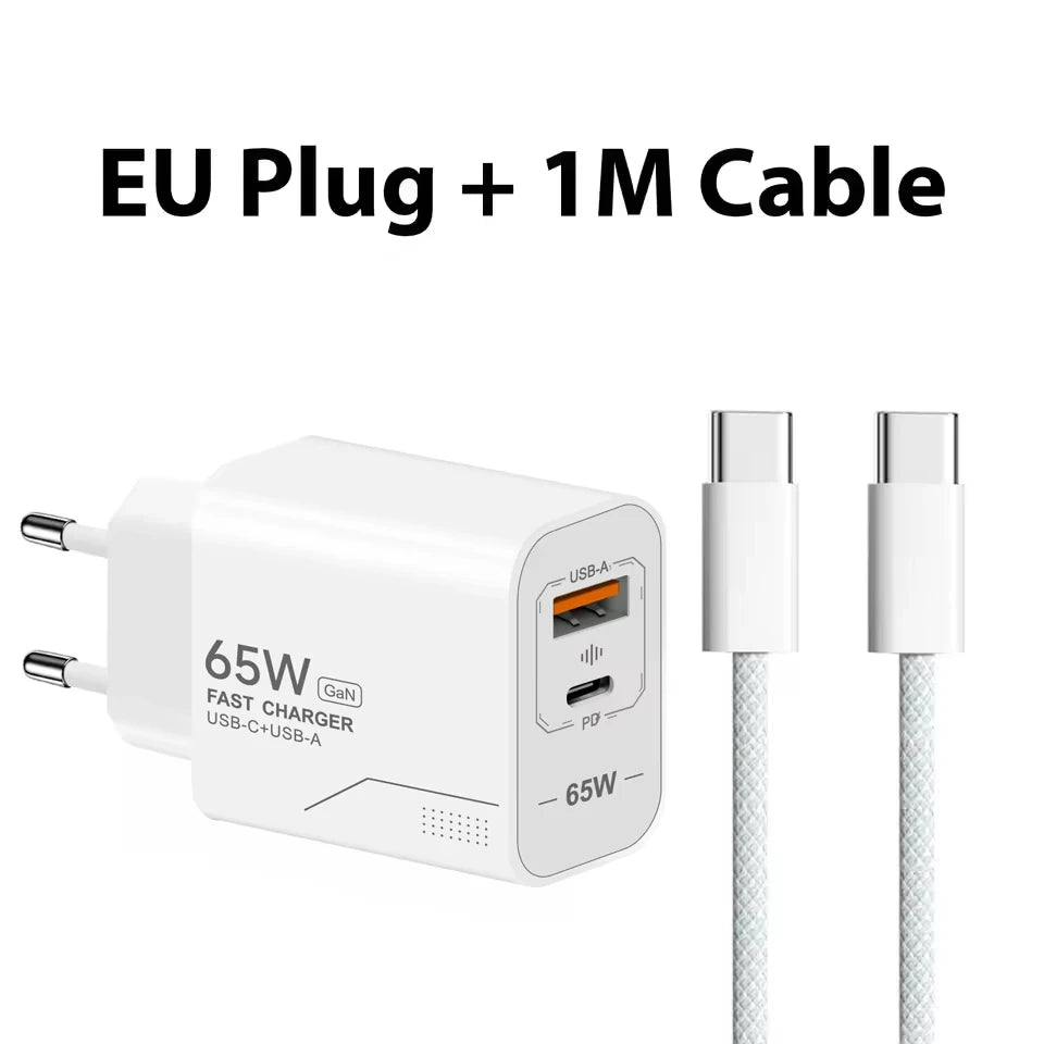 65W GaN 2-Port USB-C Fast Charger Wall Adapter EU/US Plug GaN Wall Charger P3 EU Charger and Cable