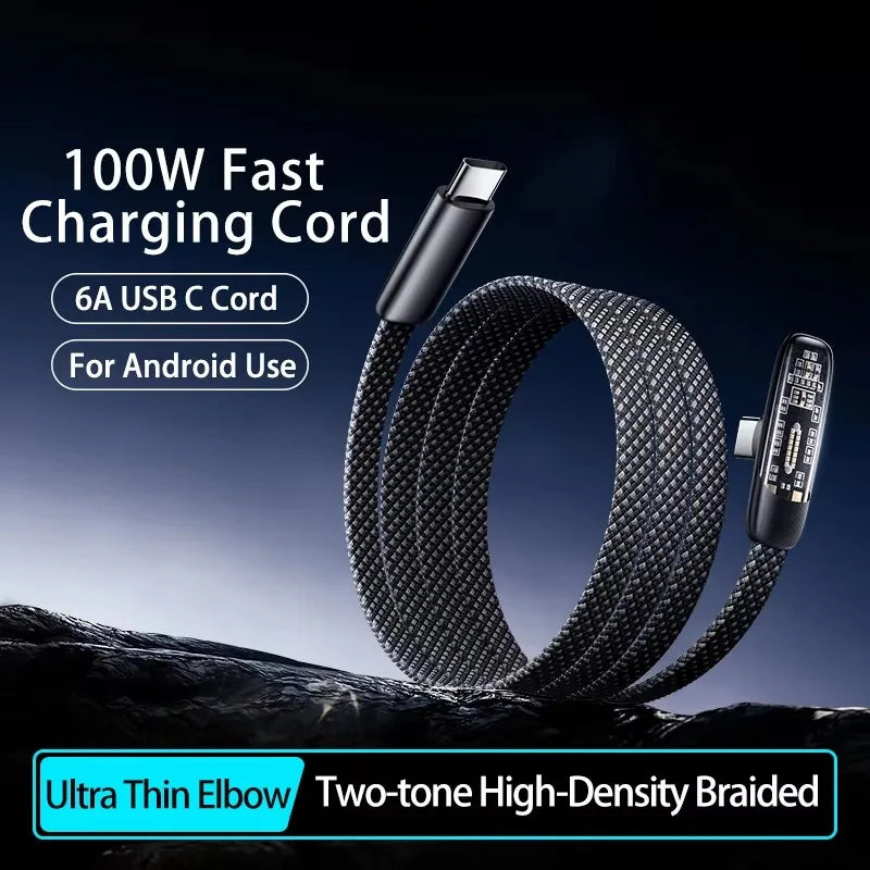 100W 6A USB-C to USB-C Elbow Fast Charging Braided Cable USB-C Charging Cable P3