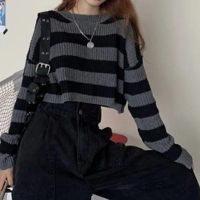 PTKPCC Korean Striped Cropped Knit Sweater | Oversized Pullover Cropped Knit Sweater P3 black L