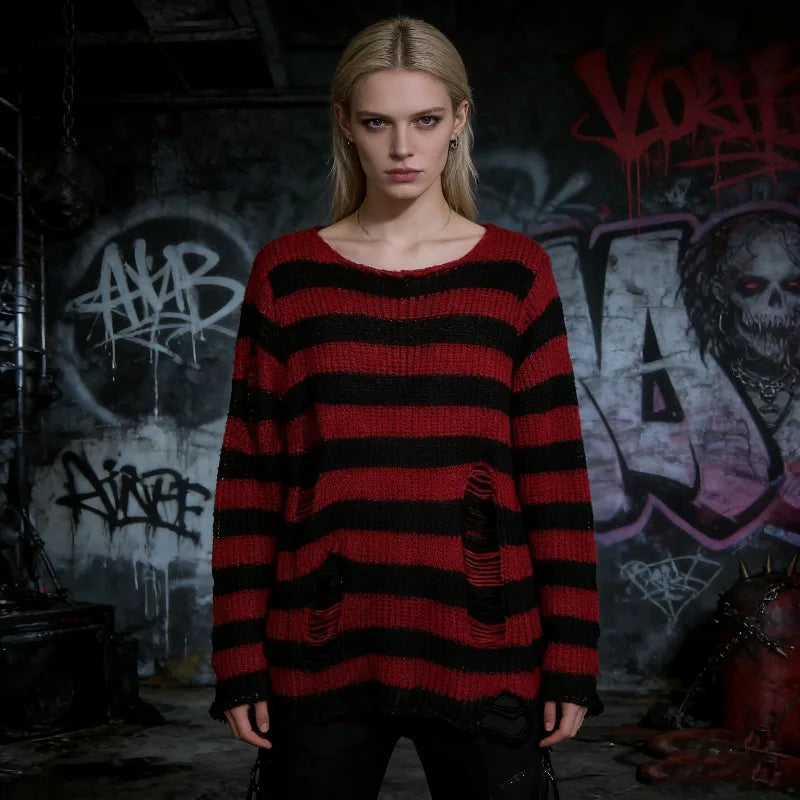Women's Oversized Striped Hollow Knit Sweater | Punk Gothic Knit Pullover Sweater P3
