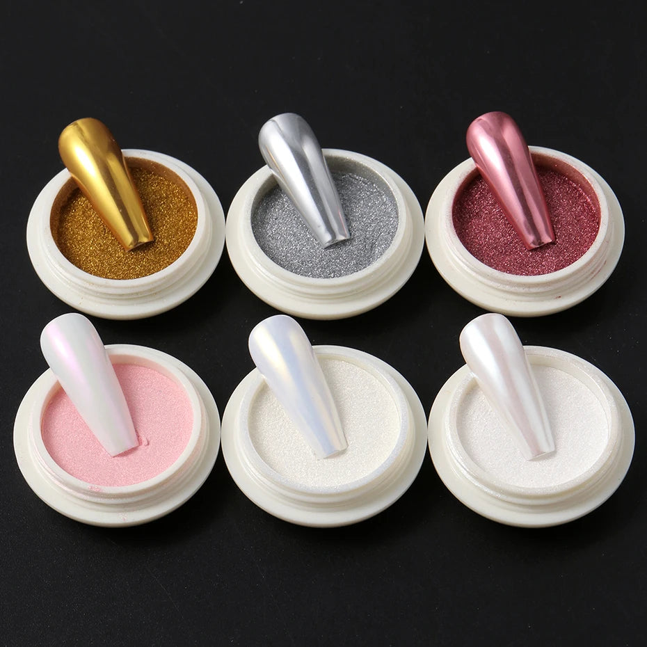 Aurora Chrome Mirror Nail Powder – 6-Jar Iridescent Pearl Set Chrome Nail Powder P3
