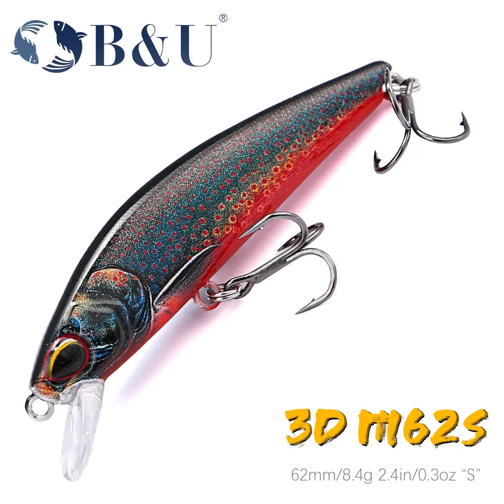 B&U 62mm Sinking Minnow Jerkbait – Trout Perch Bass Lure Sinking Minnow Lure P3