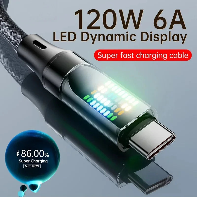 120W USB-C Fast Charging Cable 6A with LED Display | Nylon USB-C Charging Cable P3