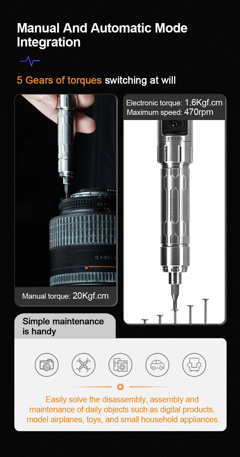 MINIWARE ES15S Motion Control Cordless Screwdriver – 24pc Bit Set Electric Screwdriver P3