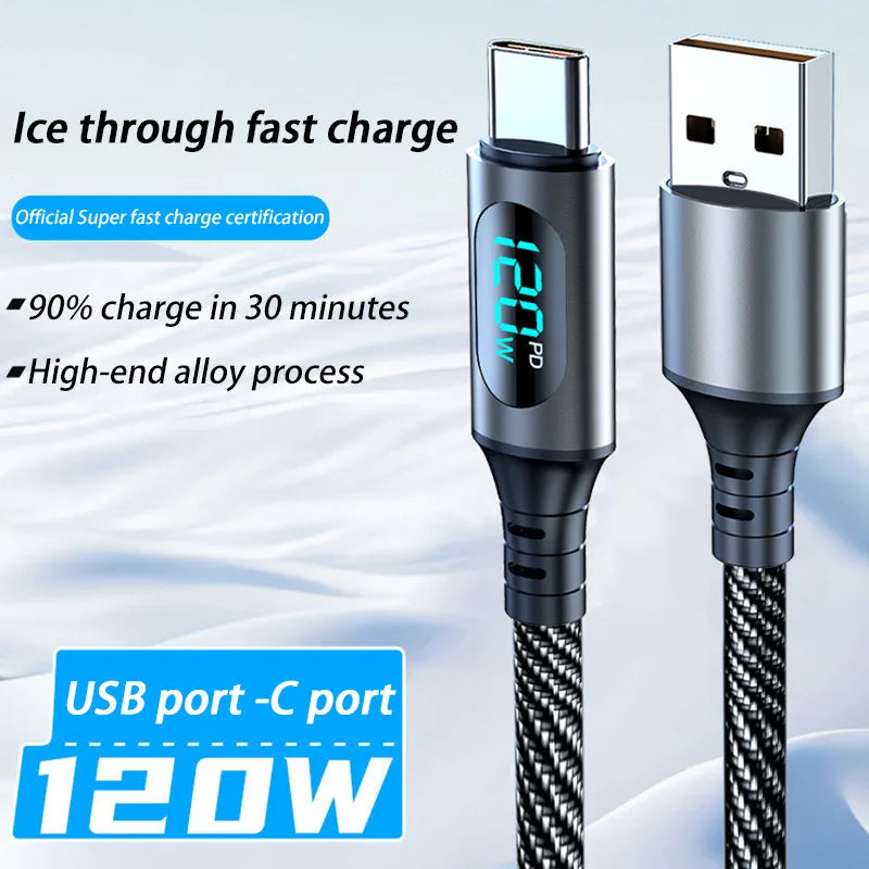 120W USB-C Fast Charging Cable Nylon Braided LED Display USB-C Charging Cable P3 120W USB A-C cable1 2m