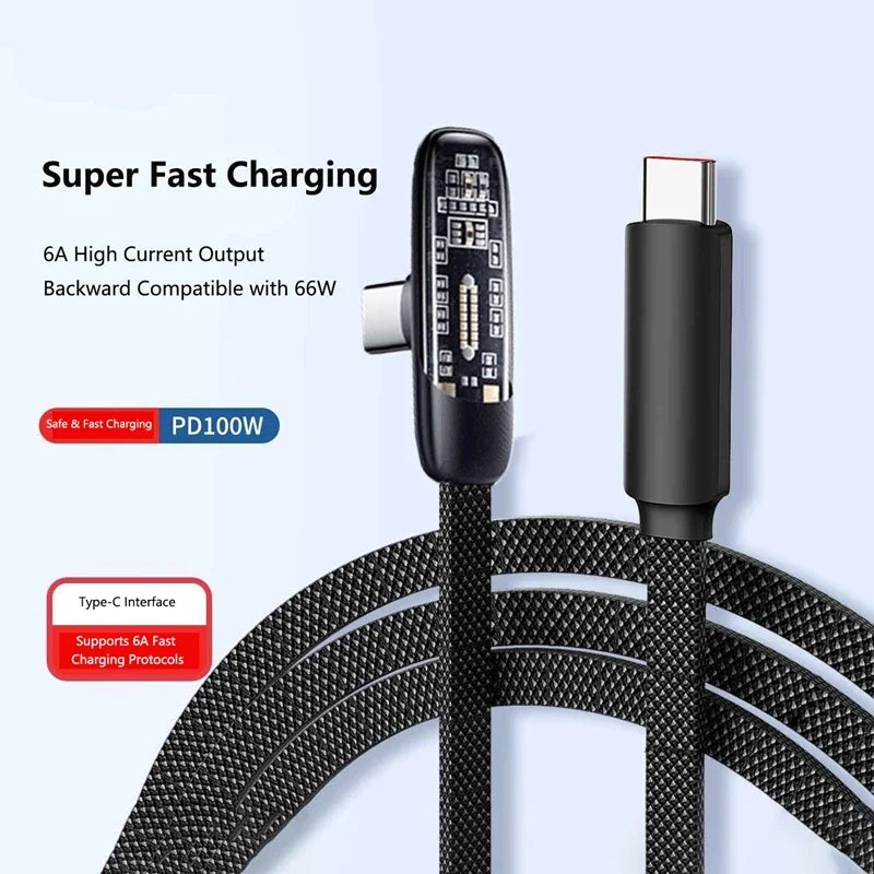 100W USB-C 90° Elbow Fast Charging Cable 6A | Samsung Huawei USB-C Charging Cable P3