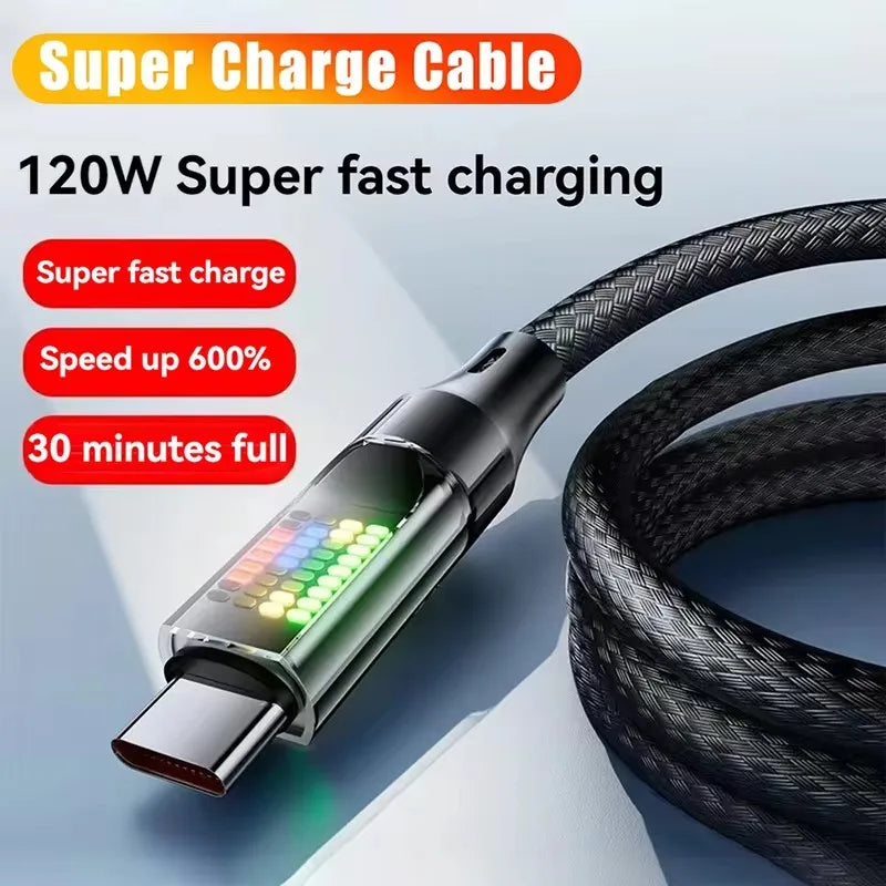 120W USB-A to USB-C Fast Charging Cable 6A LED Nylon Braid USB Charging Cable P3