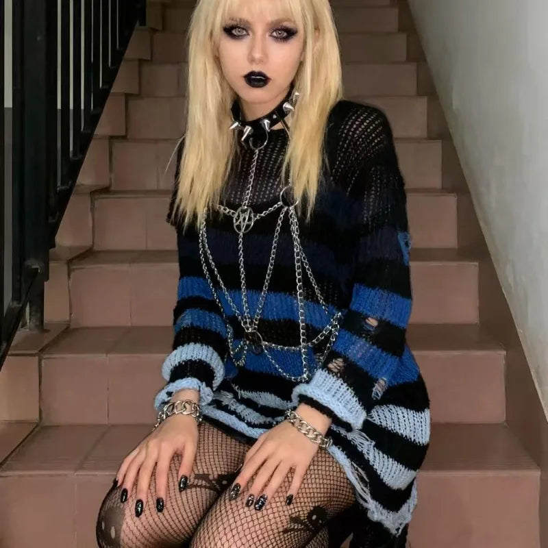 Women's Punk Gothic Oversized Striped Hollow Knit Sweater Knit Pullover Sweater P3
