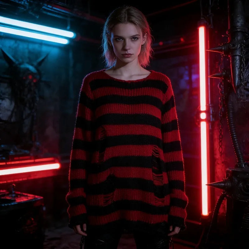 Women's Punk Gothic Oversized Striped Hollow Knit Sweater Knit Pullover Sweater P3