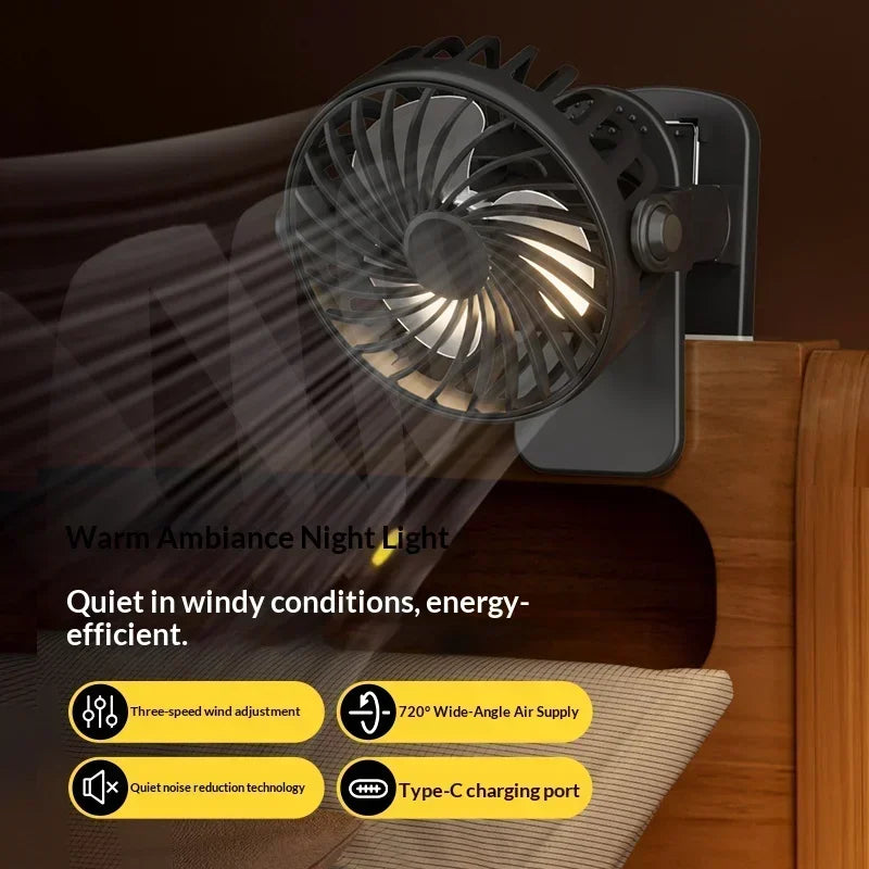 Portable USB Clip Fan 720° Rotatable with Night Light – 3 Speeds Portable Clip Fan P3