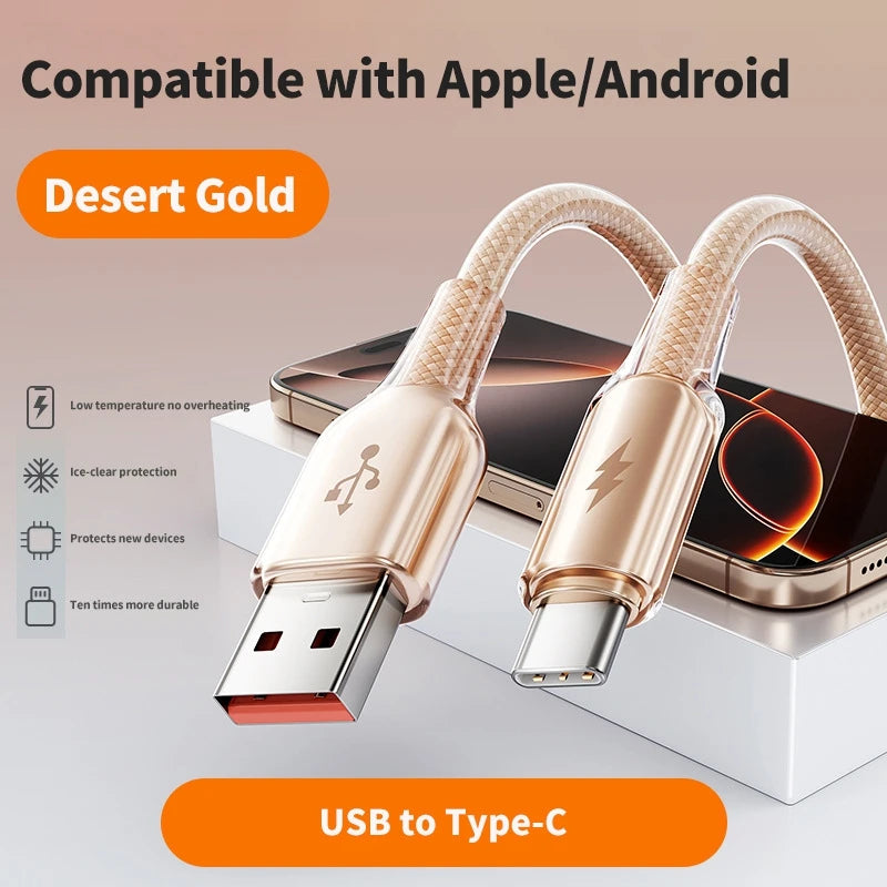 6A 100W Braided USB-A to USB-C Fast Charging Cable 480Mbps USB Charging Cable P3 Gold USB A To C 2m