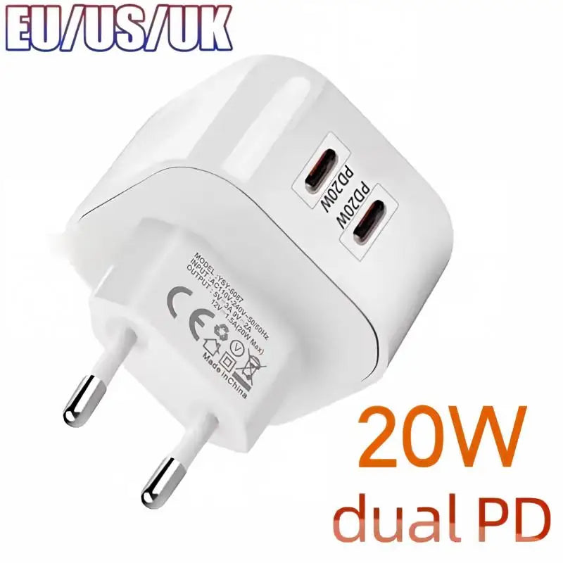 20W Dual Port USB-C PD Fast Wall Charger | EU US UK Plug USB-C Wall Charger P3