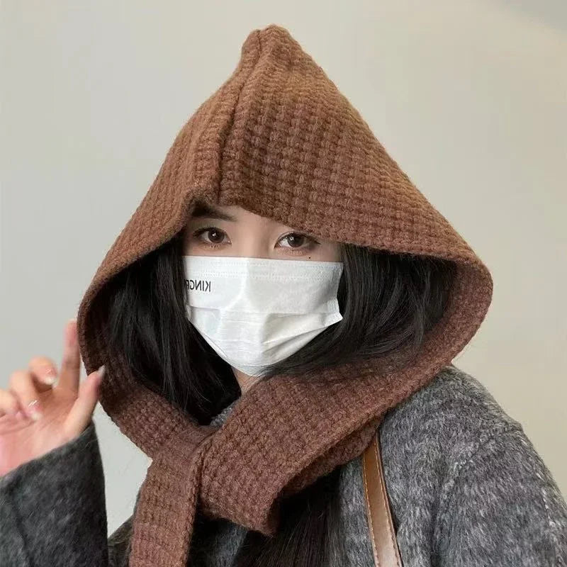 Korean Balaclava Bonnet – Women's Knitted Hat & Neck Warmer Winter Balaclava Hat P3 Coffee