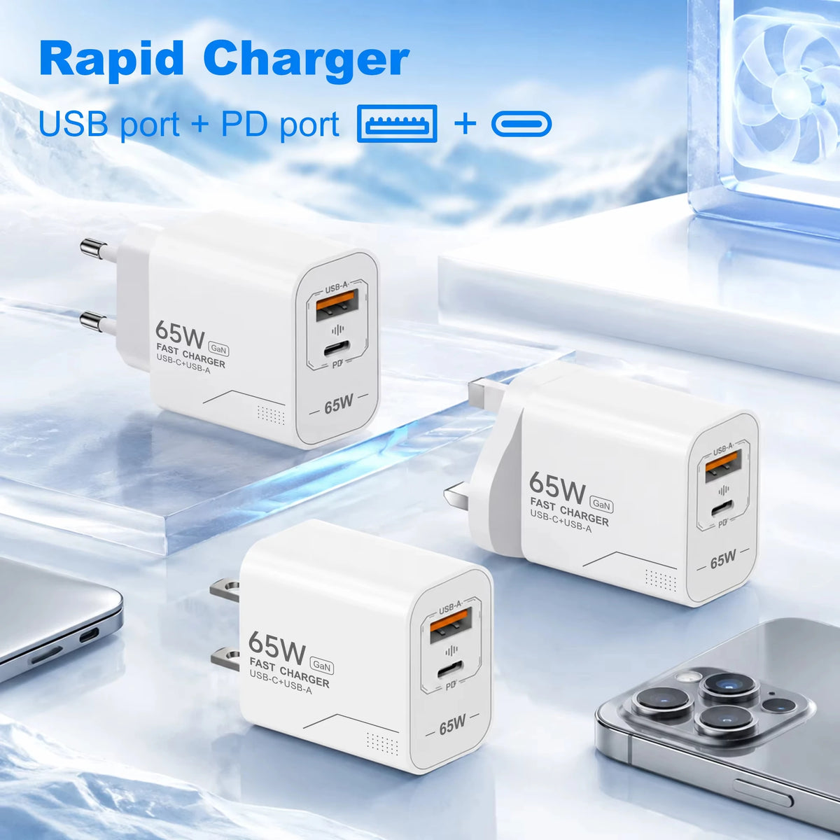 65W GaN USB-C 2-Port Fast Charger | EU & US Wall Adapter GaN Wall Charger P3