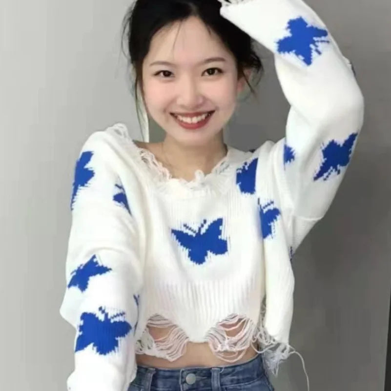 PTKPCC Butterfly Knit Cropped Sweater | Y2K Off Shoulder Top Knit Cropped Sweater P3