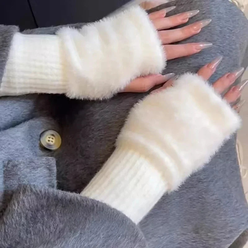 Women's Soft Plush Fingerless Gloves – Warm Knit Wrist Mittens Fingerless Winter Gloves P3
