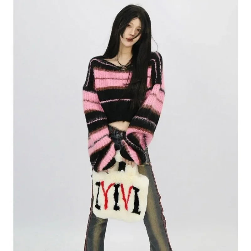 PTKPCC Y2K Pink Striped Cropped Sweater | Korean Knit Pullover Cropped Knit Sweater P3