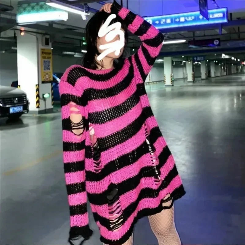 PTKPCC Women's Oversized Punk Gothic Striped Hollow Knit Sweater Knit Pullover Sweater P3 One Size Rose red