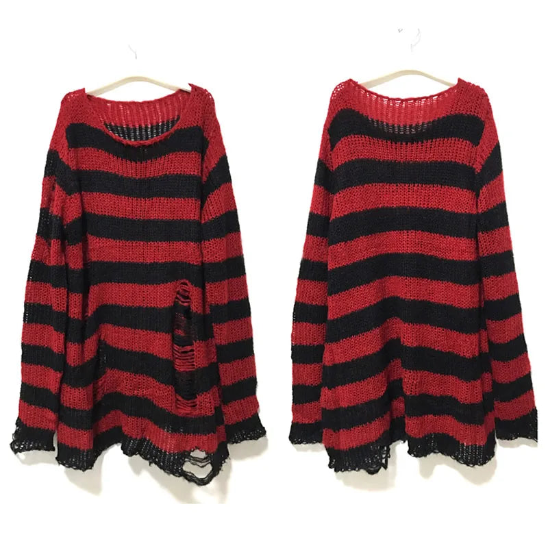 PTKPCC Punk Gothic Striped Hollow-Out Knit Sweater | Unisex Knit Pullover Sweater P3