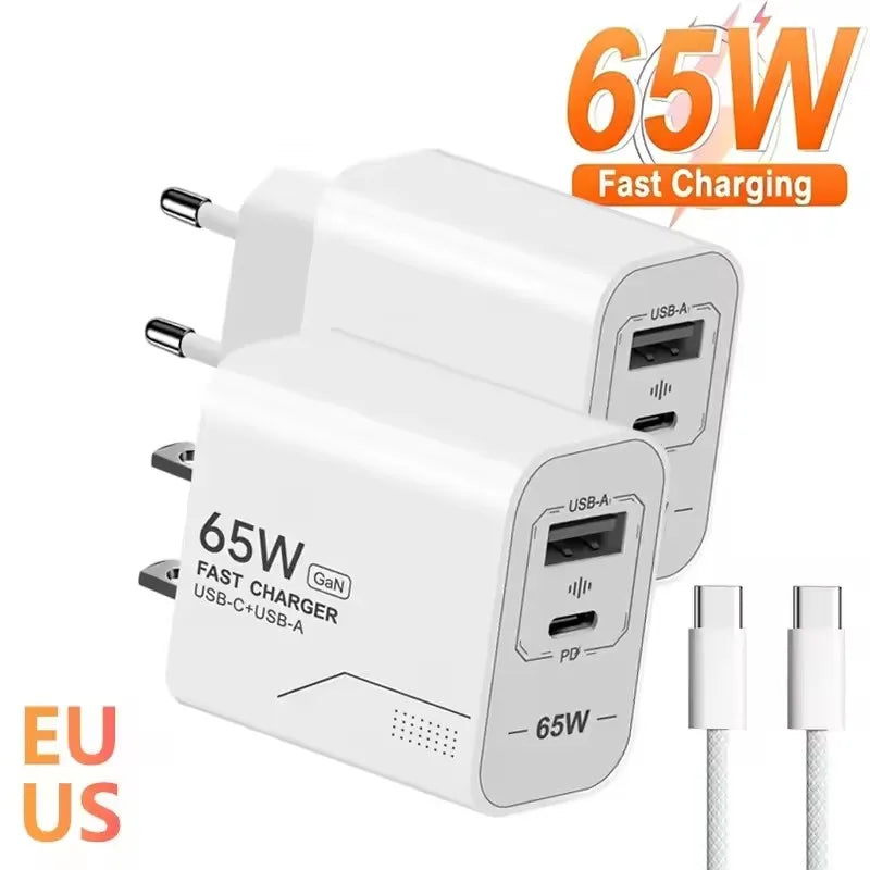 65W GaN 2-Port USB-C Fast Charger Wall Adapter EU/US Plug GaN Wall Charger P3