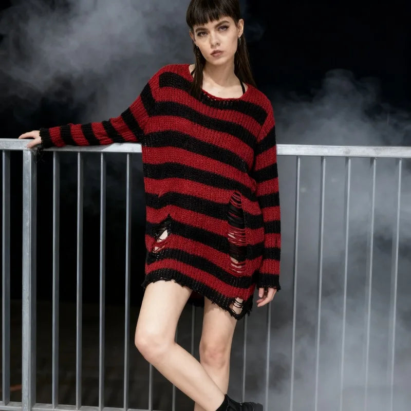 Women's Oversized Striped Hollow Knit Sweater | Punk Gothic Knit Pullover Sweater P3