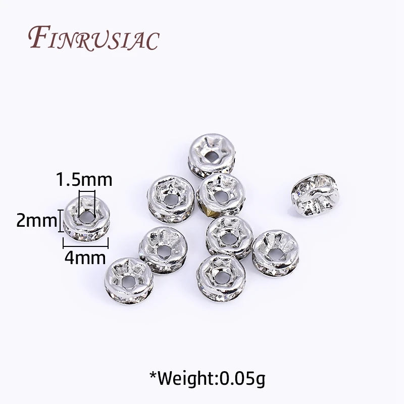 18K Gold Plated Rhinestone Rondelle Spacer Beads 4/6/8mm Jewelry Spacer Beads P3 Rhodium Plated-4MM 100 pcs