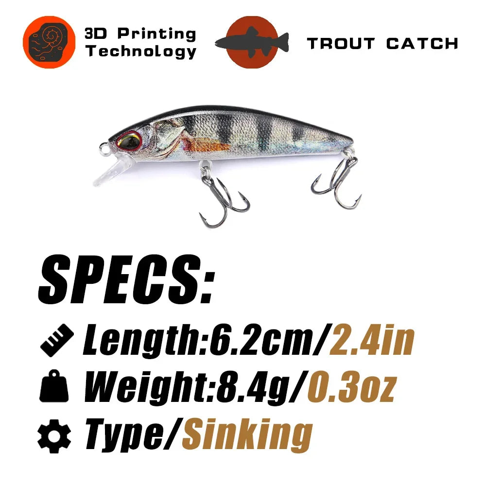 B&U 62mm Sinking Minnow Jerkbait – Trout Perch Bass Lure Sinking Minnow Lure P3