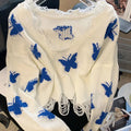PTKPCC Butterfly Knit Cropped Sweater | Y2K Off Shoulder Top Knit Cropped Sweater P3 WHITE XL