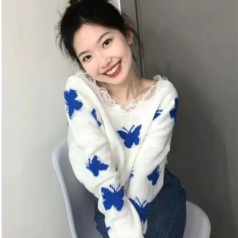 PTKPCC Butterfly Knit Cropped Sweater | Y2K Off Shoulder Top Knit Cropped Sweater P3