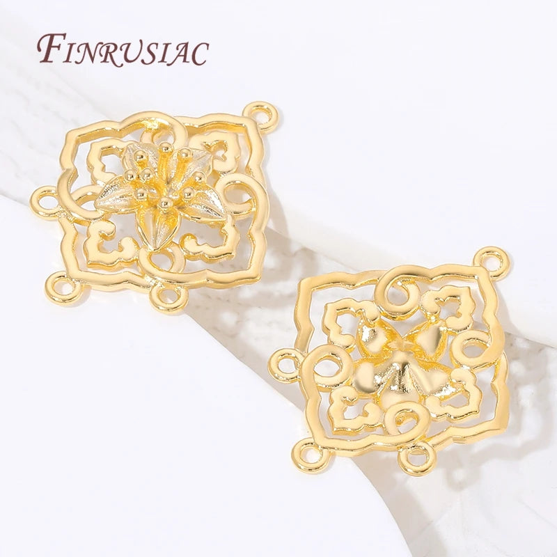 18K Gold Plated Brass Floral Filigree Rhombus Earring Links Jewelry Making Findings P3