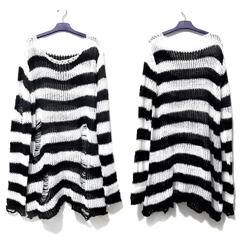 Punk Gothic Striped Hollow-Out Knit Sweater | Loose Unisex Jumper Knit Pullover Sweater P3