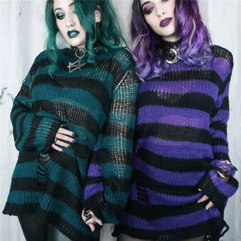Punk Gothic Striped Hollow-Out Knit Sweater | Loose Unisex Knit Sweater P3