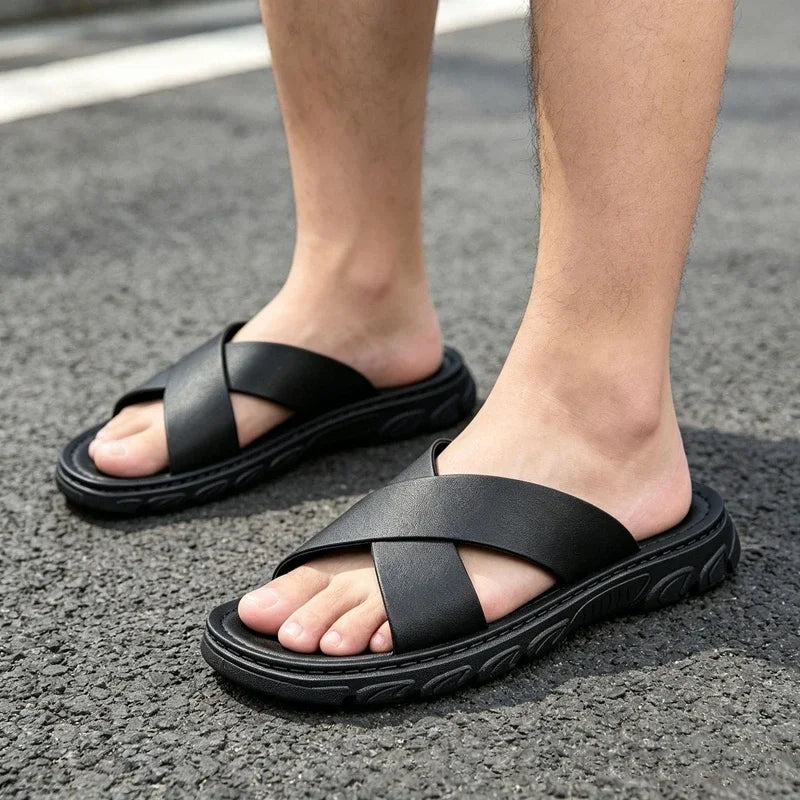 Men's Faux Leather Thick Sole Open Toe Beach Sandals Men's Beach Sandals P3