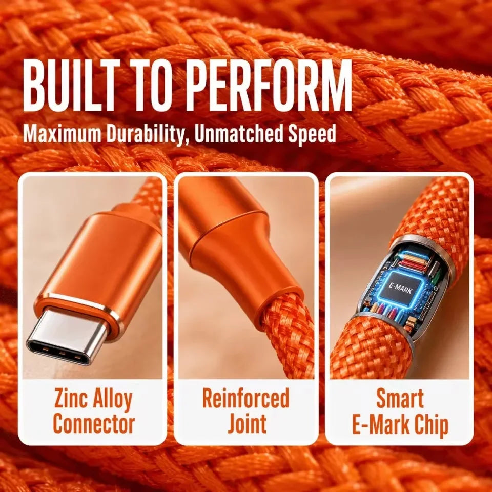 100W 90-Degree USB-C to USB-C Fast Charging Cable Orange USB-C Charging Cable P3