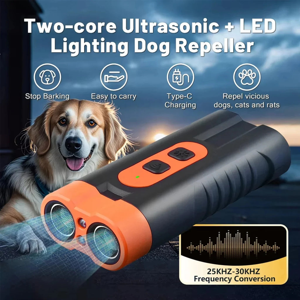Dual Head Ultrasonic Dog Repeller USB Rechargeable + LED Light Dog Training Device P3