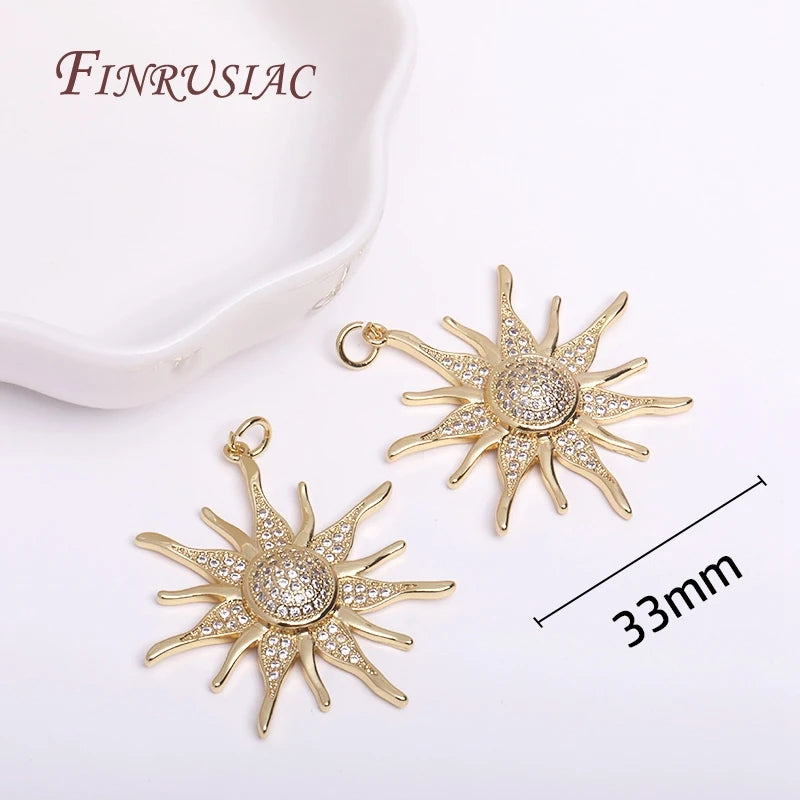 18K Gold Plated Brass Sunflower Charm with Zircon – 33mm DIY Jewelry Pendant Charm P3 18K Real Gold Plated 2 Pieces