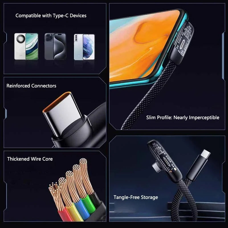 100W 6A USB-C to USB-C Elbow Fast Charging Braided Cable USB-C Charging Cable P3