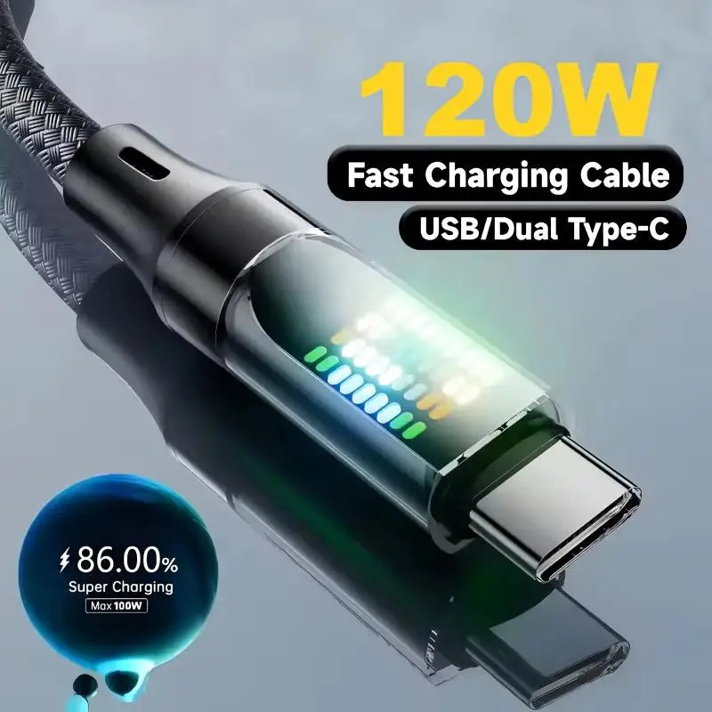 120W USB-A to USB-C Fast Charge Cable 6A LED Nylon Cord USB Charging Cable P3