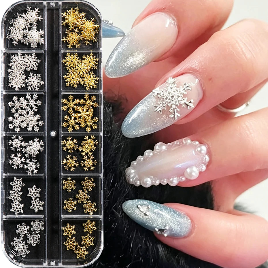 Metallic Snowflake Nail Charms 12 Grids – Gold & Silver Winter Nail Art Charms P3