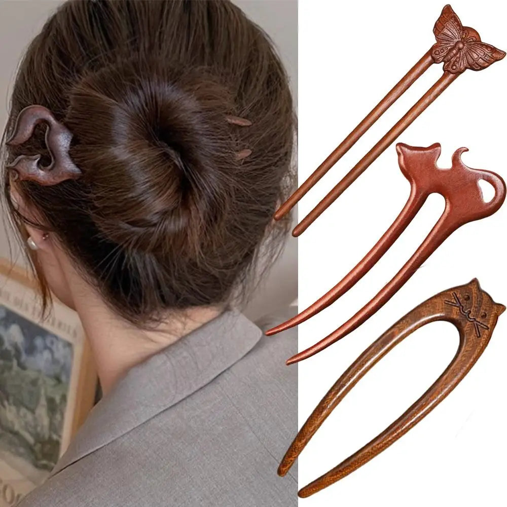 Handmade Wooden U-Shape Hair Fork – Vintage Carved Hair Stick Wooden Hair Fork P3
