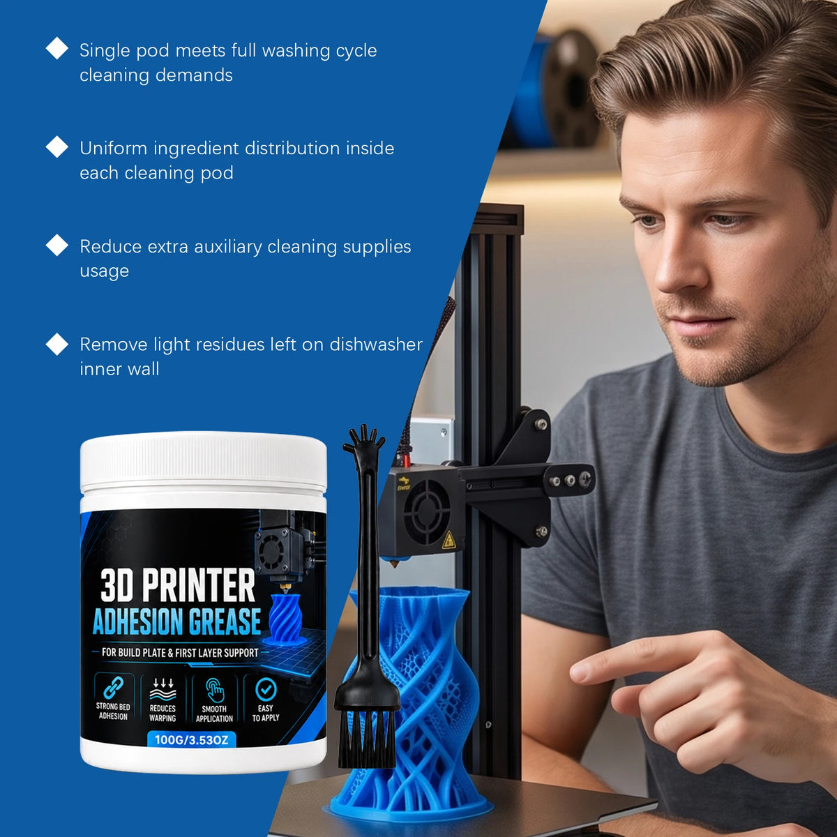 3D Printer Bed Adhesion Grease with Brush | PLA ABS PETG 3D Printer Accessory P3