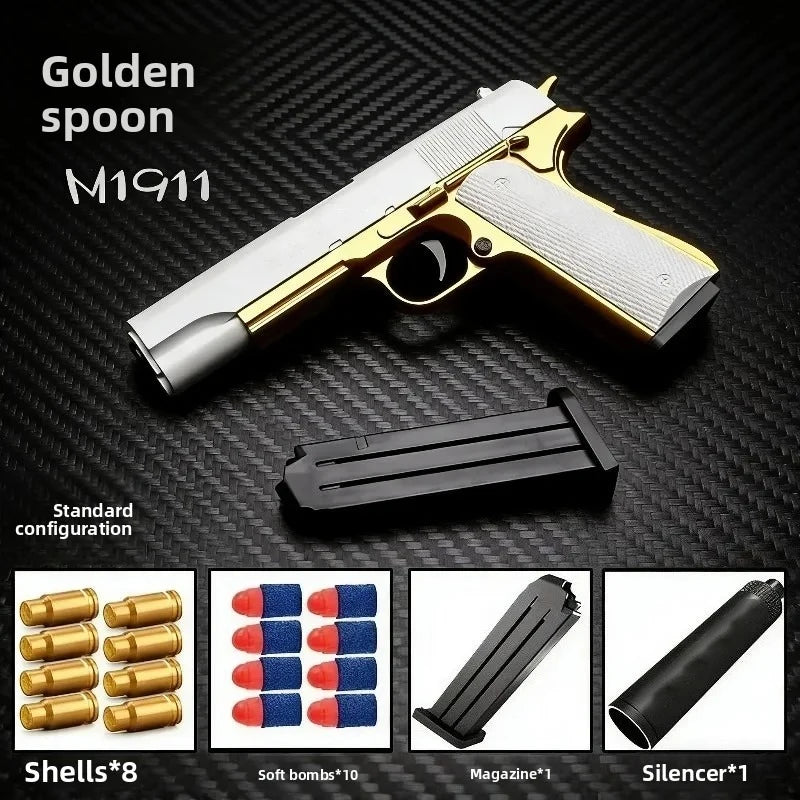 Shell Ejecting Soft Bullet Toy Pistol – Kids Outdoor Shooting Toy Blaster Pistol P3 White-Gold