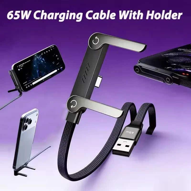 65W USB-C Fast Charging Cable with Foldable Phone Holder 2-in-1 USB-C Charging Cable P3