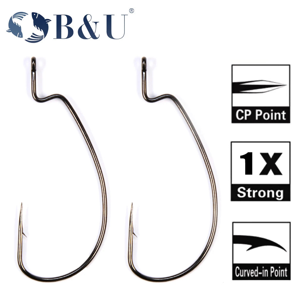 B&U Carbon Steel Offset Worm Hooks Big Eye Ring – 12/20 Pack Fishing Hooks P3