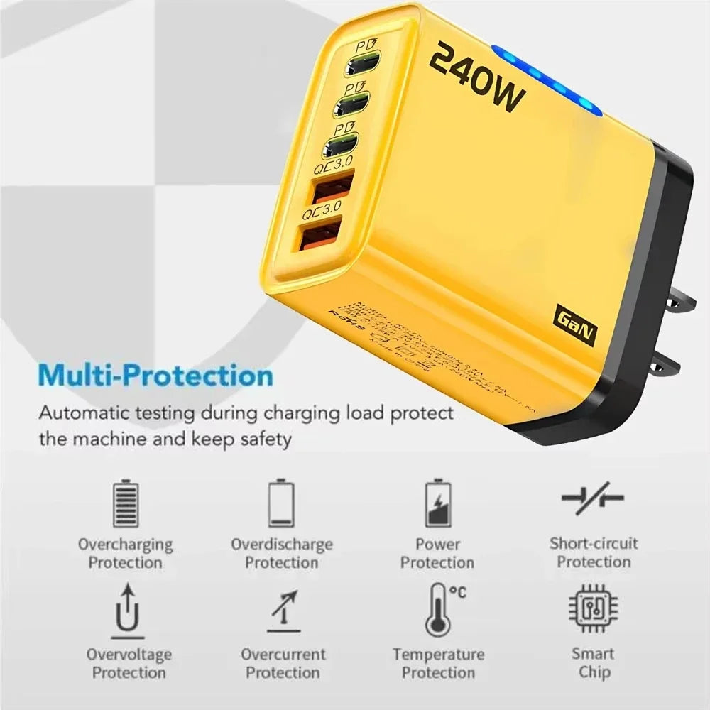 5-in-1 240W GaN Fast Charger | 2 USB + 3 USB-C Multi-Port Multi-Port GaN Charger P3