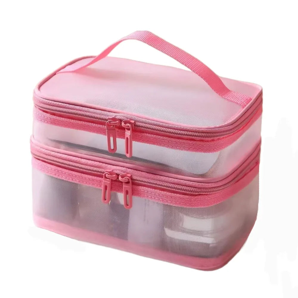 Transparent Mesh Travel Cosmetic Bag | 2 or 3 Layer Organizer Cosmetic Organizer Bag P3 pink-2 layer