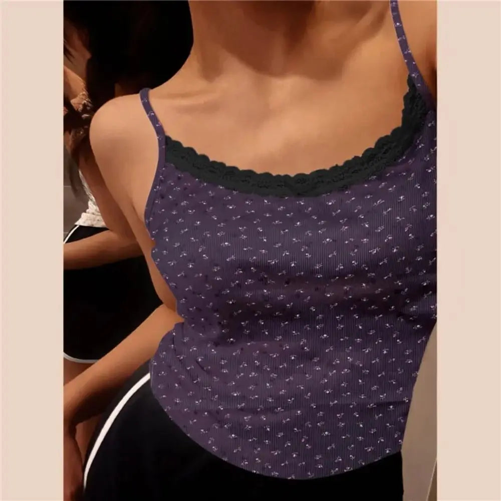 Women's Lace Floral Cami Tank Top | Y2K Slim Crop Vest Lace Cami Top P3